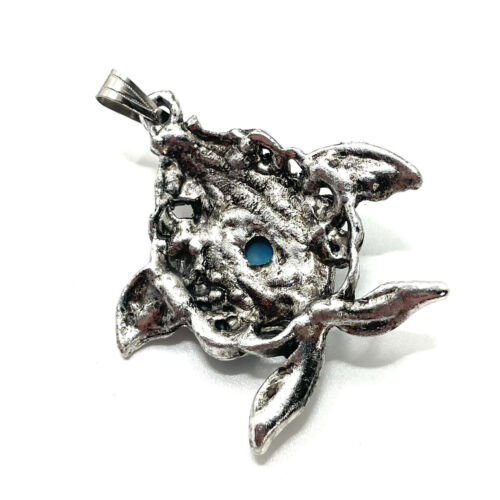 Fish Necklace Pendant Silver Tone Blue & Red Stones