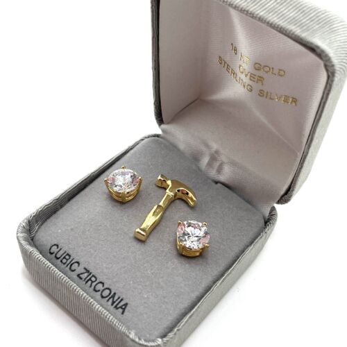 Vintage Hammer Lapel Pin & Large CZ Stud earrings 18k Gold Over Sterli