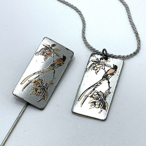 Reed & Barton Damascene Necklace & Pin - Bird with Flower